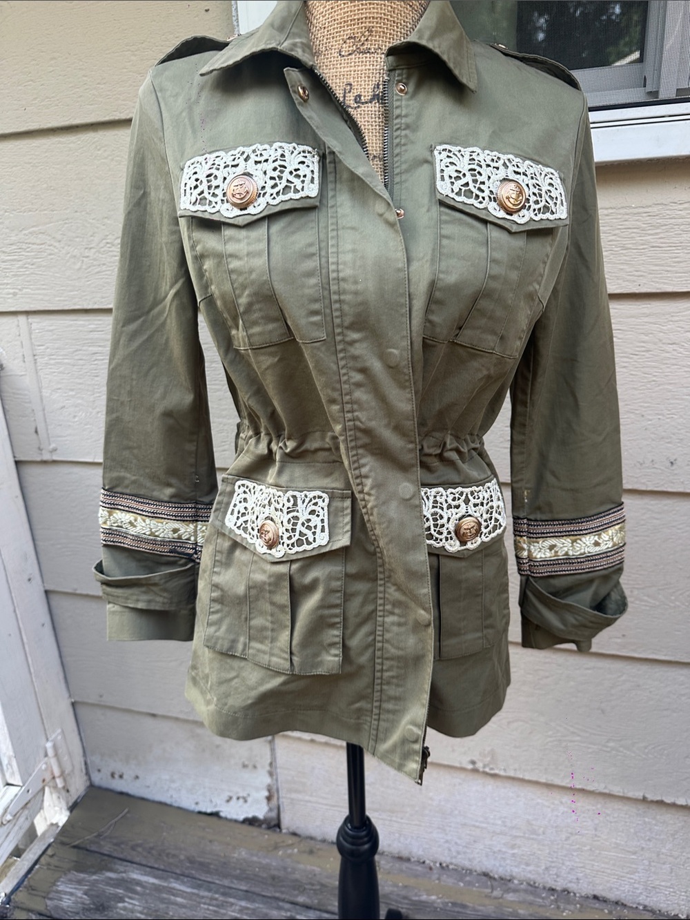 Boston Proper green Olive Utility Jacket with Lace-Trim Pockets